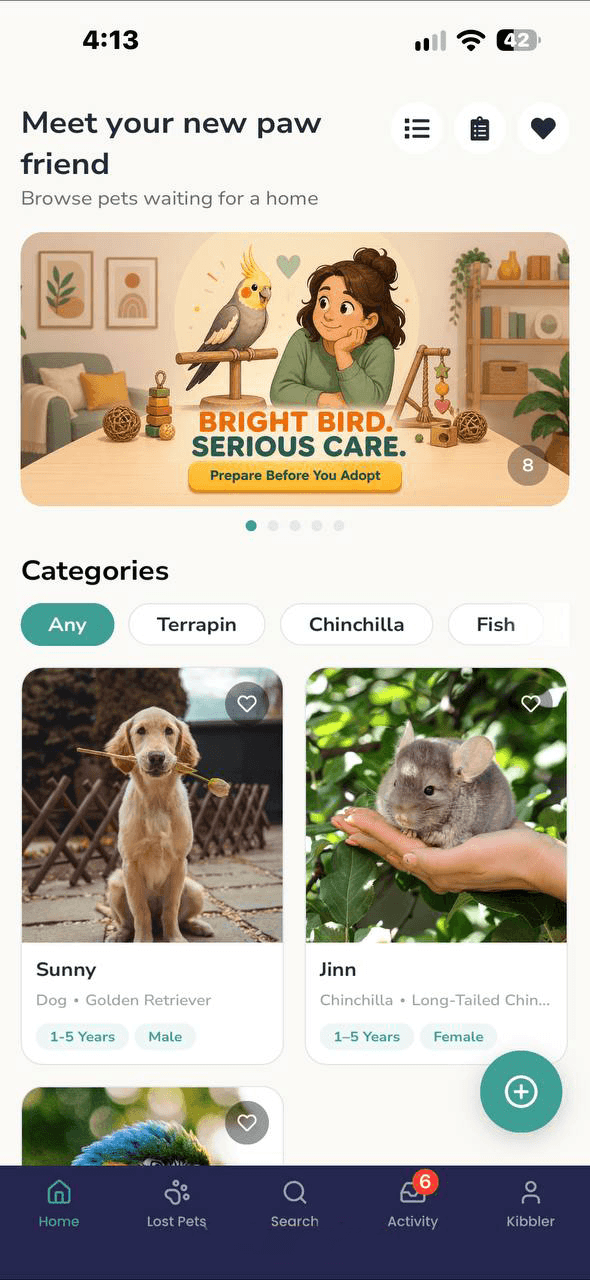 KibblePaw app showing pets available for adoption